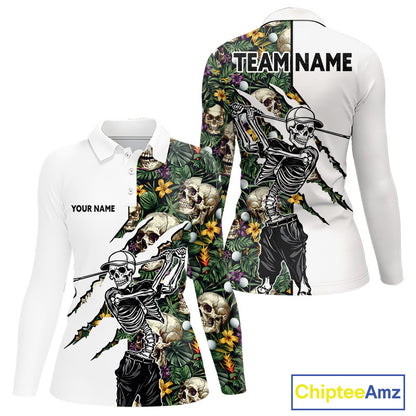 Funny Long Sleeve Golf Polo Shirt For Women Custom Tropical Pattern Personalized Skull Golf Shirts NHN0047