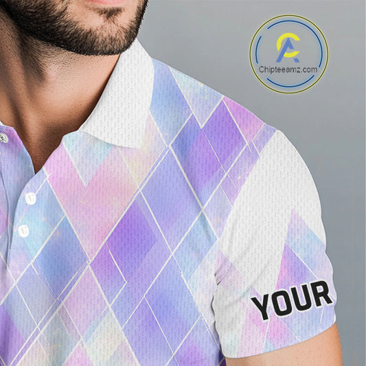 Violet And Blue Square Pattern Mens Golf Polo Shirt Custom Name Golf Tops For Men NHN0203