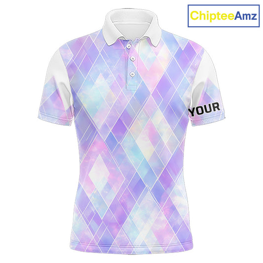 Violet And Blue Square Pattern Mens Golf Polo Shirt Custom Name Golf Tops For Men NHN0203