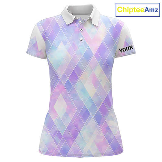 Violet And Blue Square Pattern Womens Golf Polo Shirt Custom Name Golf Tops For Ladies NHN0203
