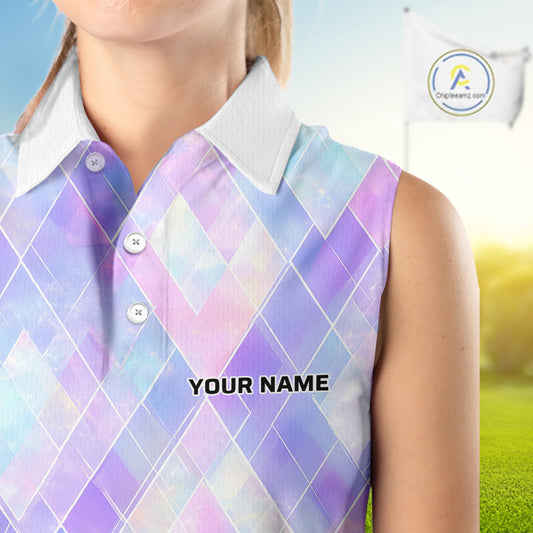 Violet And Blue Square Pattern Womens Sleeveless Golf Polo Shirt Custom Name Golf Tops For Ladies NHN0203