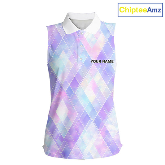 Violet And Blue Square Pattern Womens Sleeveless Golf Polo Shirt Custom Name Golf Tops For Ladies NHN0203