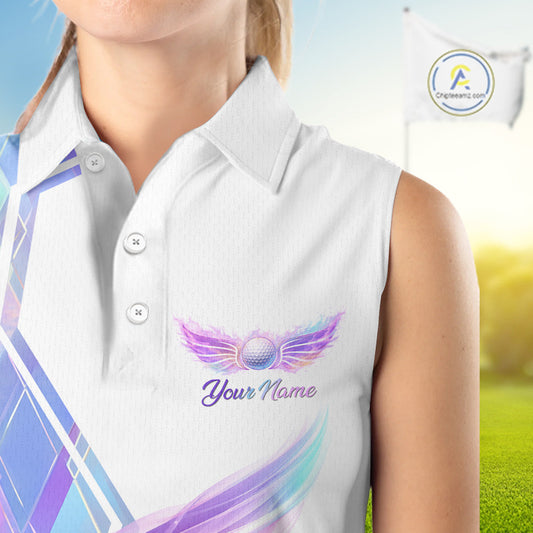 Womens Sleeveless Golf Polo Shirt Violet Square Plaid Pattern Custom Flame Golf Ball Golf Tops For Ladies NHN0204