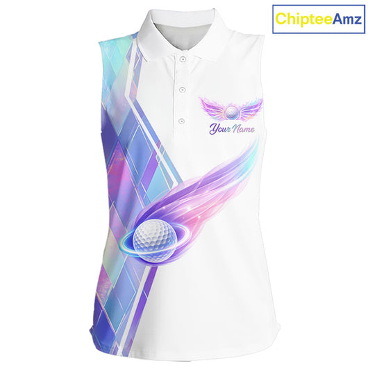 Womens Sleeveless Golf Polo Shirt Violet Square Plaid Pattern Custom Flame Golf Ball Golf Tops For Ladies NHN0204