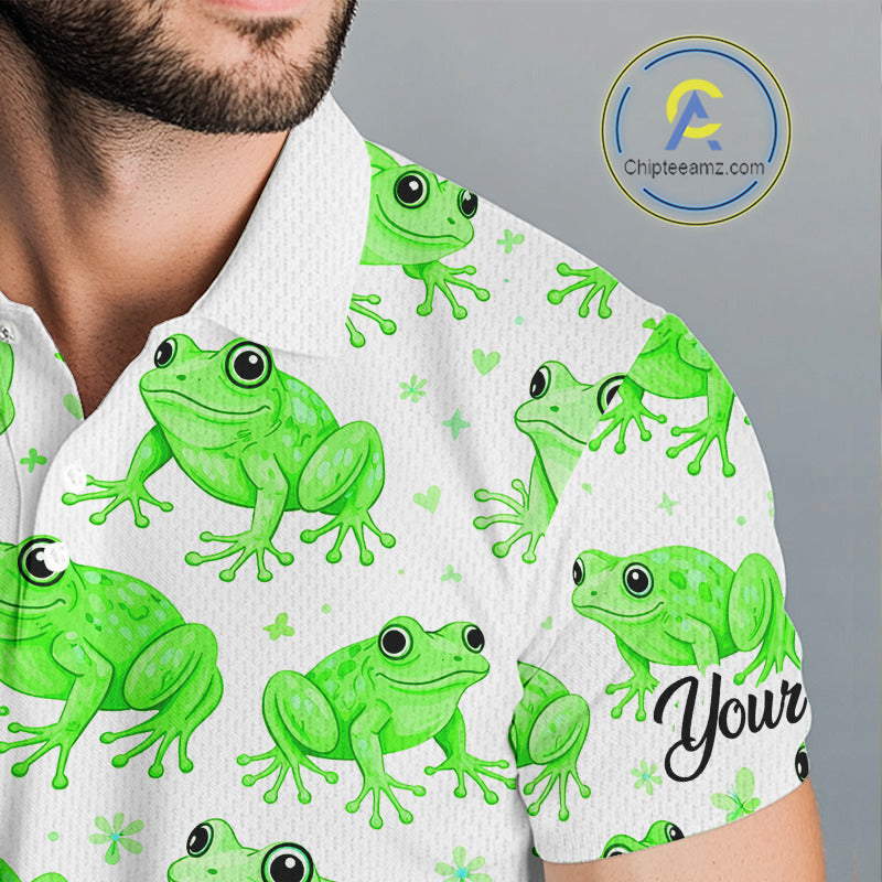 Funny Green Frog Pattern Mens Golf Polo Shirts Custom Golf Attire For Men, Golfer Gift NHN0134