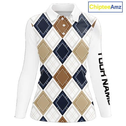 Plaid Womens Long Sleeve Golf Polo Shirt Custom Retro Argyle Pattern Team Golf Tops, Vintage Golf Gift NHN0216
