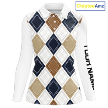 Load image into Gallery viewer, Plaid Womens Long Sleeve Golf Polo Shirt Custom Retro Argyle Pattern Team Golf Tops, Vintage Golf Gift NHN0216