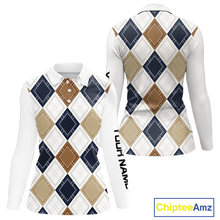 Load image into Gallery viewer, Plaid Womens Long Sleeve Golf Polo Shirt Custom Retro Argyle Pattern Team Golf Tops, Vintage Golf Gift NHN0216
