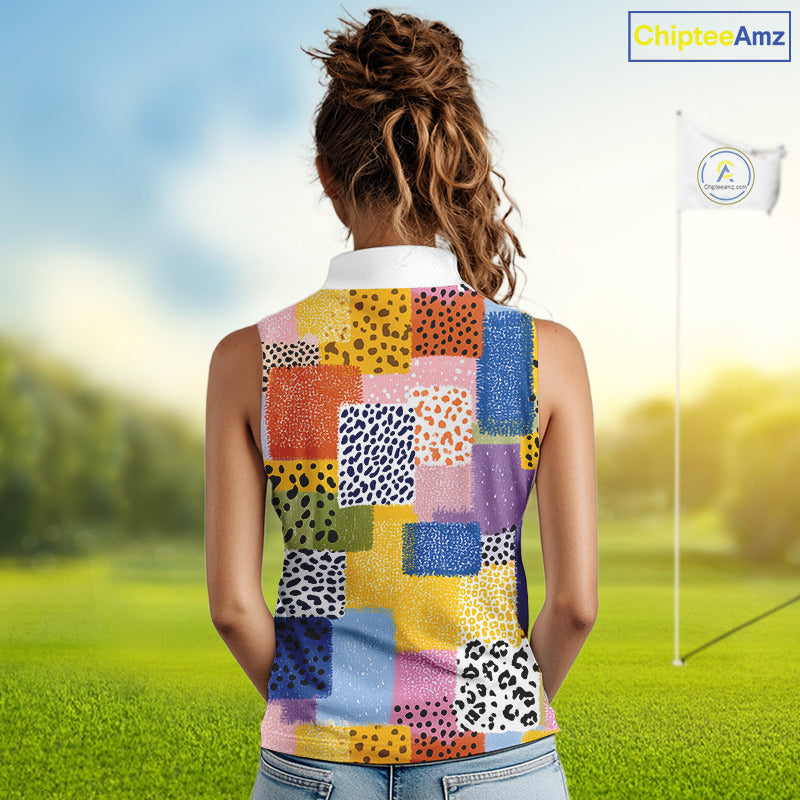 Funny Plaid Womens Sleeveless Golf Polo Shirt Custom Colorful Leopard Square Pattern Team Golf Top NHN0218