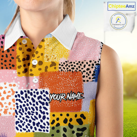 Funny Plaid Womens Sleeveless Golf Polo Shirt Custom Colorful Leopard Square Pattern Team Golf Top NHN0218