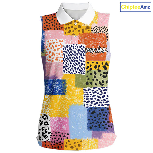 Funny Plaid Womens Sleeveless Golf Polo Shirt Custom Colorful Leopard Square Pattern Team Golf Top NHN0218