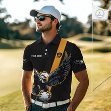 Load image into Gallery viewer, Eagle Mens Golf Polo Shirts Custom Golf Attire For Men, Black And Yellow Team Golf Top Personalized NHN0083