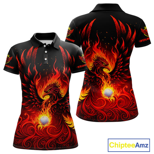 Womens Golf Polo Shirt Custom Phoenix Red Flame Team Golf Tops, Black Golf Outfit For Ladies NHN0084