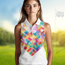 Load image into Gallery viewer, Geometric Pink Womens Sleeveless Golf Polo Shirt Custom Name Golf Shirts For Ladies, Golf Gifts NHN0089