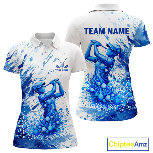 Golf Polo Shirts, Womens Golf Polo Shirts Blue Painting Golfer Custom Name Team Golf Shirt, Golf Gifts NHN0090