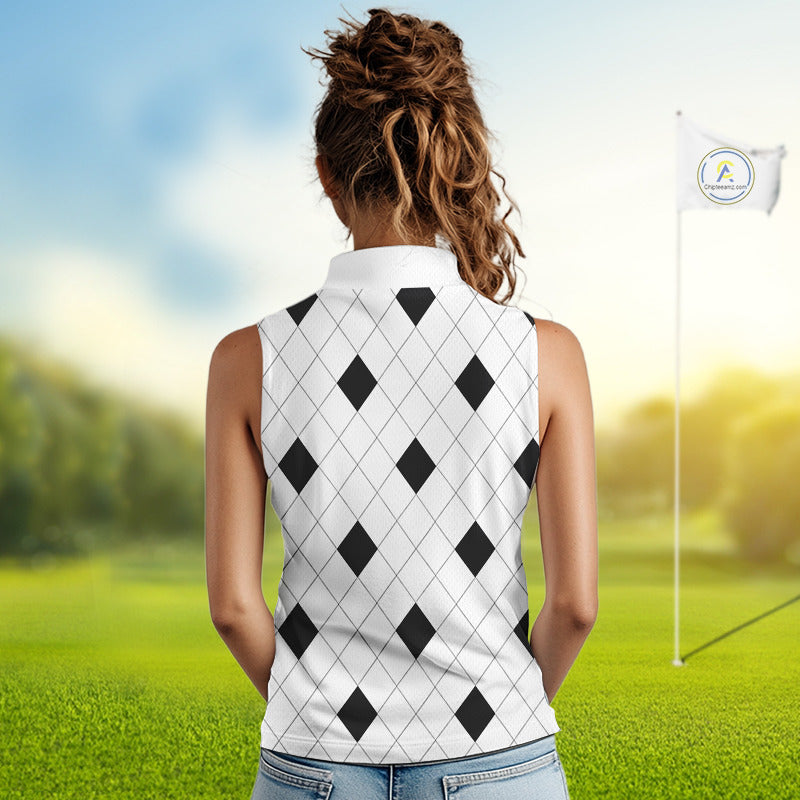 Argyle Womens Sleeveless Golf Polo Shirt Custom Name, Personalized Plaid Golf Shirts For Ladies NHN0120