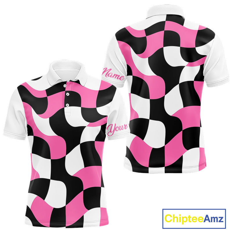 Mens Golf Polo Shirt Custom Pink Checkerboard Argyle Pattern Golf Attire For Men, Golf Gifts NHN0124