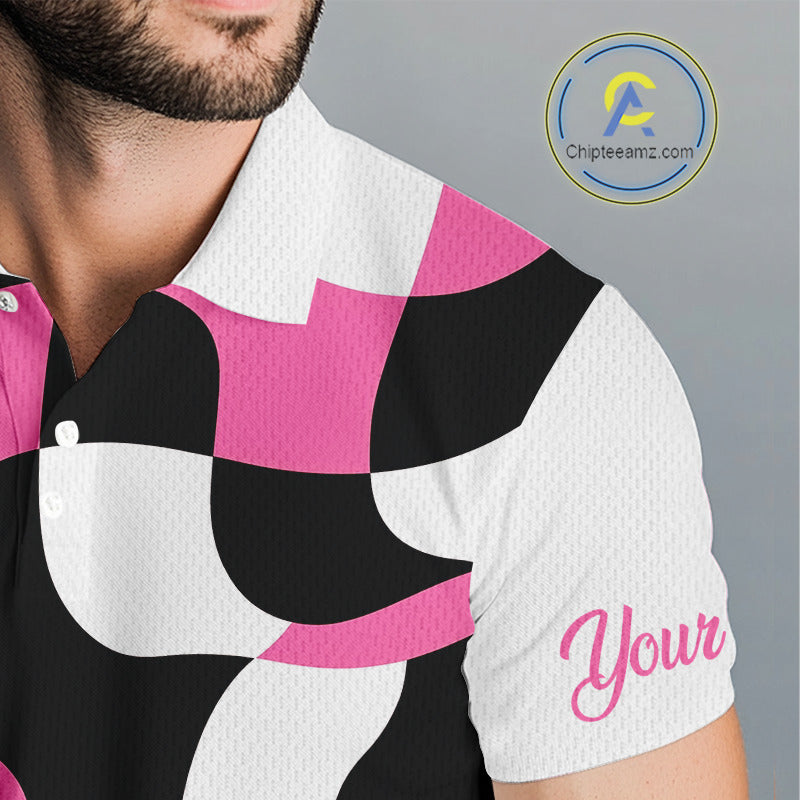 Mens Golf Polo Shirt Custom Pink Checkerboard Argyle Pattern Golf Attire For Men, Golf Gifts NHN0124