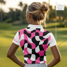 Load image into Gallery viewer, Womens Golf Polo Shirt Custom Pink Checkerboard Argyle Pattern Golf Attire For Ladies, Golf Gifts NHN0124
