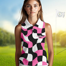 Load image into Gallery viewer, Womens Sleeveless Golf Polo Shirt Custom Pink Checkerboard Argyle Pattern Golf Attire For Ladies NHN0124