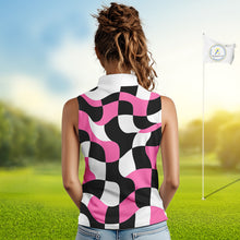 Load image into Gallery viewer, Womens Sleeveless Golf Polo Shirt Custom Pink Checkerboard Argyle Pattern Golf Attire For Ladies NHN0124
