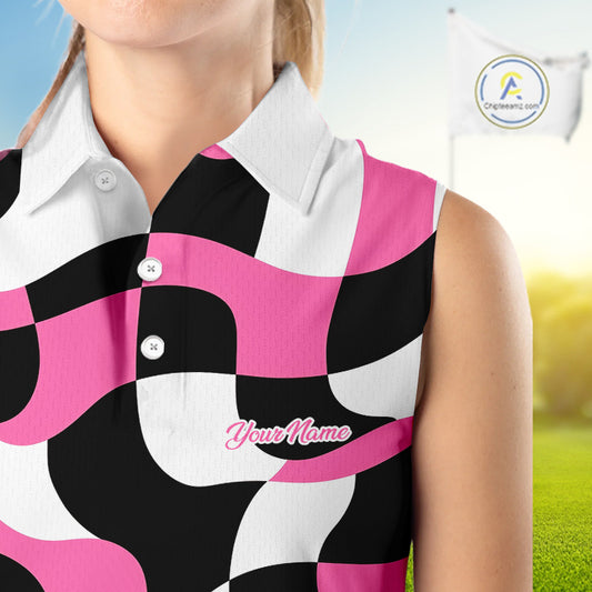 Womens Sleeveless Golf Polo Shirt Custom Pink Checkerboard Argyle Pattern Golf Attire For Ladies NHN0124