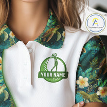Load image into Gallery viewer, Funny Womens Golf Polo Shirt Custom Green Tropical Leaf Pattern Personalized Turtle Golf Shirts For Women NHN0003