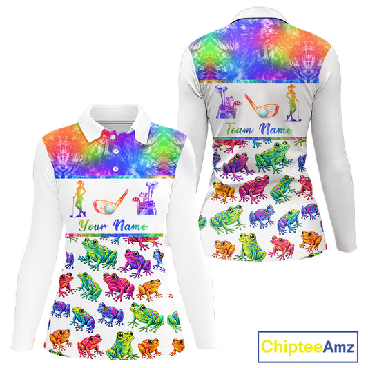 Funny Tie Dye Frog Pattern Womens Long Sleeve Golf Polo Shirt Custom Watercolor Golf Attire For Ladies NHN0135