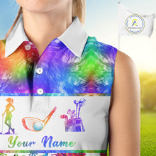 Load image into Gallery viewer, Funny Tie Dye Frog Pattern Womens Sleeveless Golf Polo Shirt Custom Watercolor Golf Attire For Ladies NHN0135
