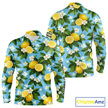 Funny Long Sleeve Golf Polo Shirt Custom Blue Lemon Tree Pattern Golf Top For Men, Golf Gifts NHN0142