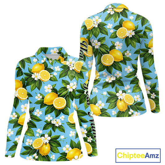 Funny Womens Long Sleeve Golf Polo Shirt Custom Blue Lemon Tree Pattern Golf Top, Golf Gifts NHN0142