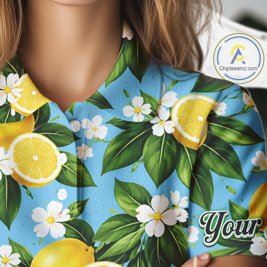 Funny Womens Golf Polo Shirts Custom Blue Lemon Tree Pattern Golf Top For Ladies, Golf Gifts NHN0142