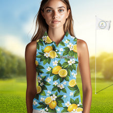 Load image into Gallery viewer, Funny Womens Sleeveless Golf Polo Shirt Custom Blue Lemon Tree Pattern Golf Top, Golf Gifts NHN0142