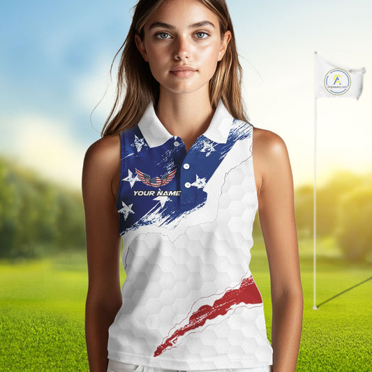American Flag Womens Sleeveless Golf Polo Shirts Custom Name Patriotic Team Golf Shirt NHN0008