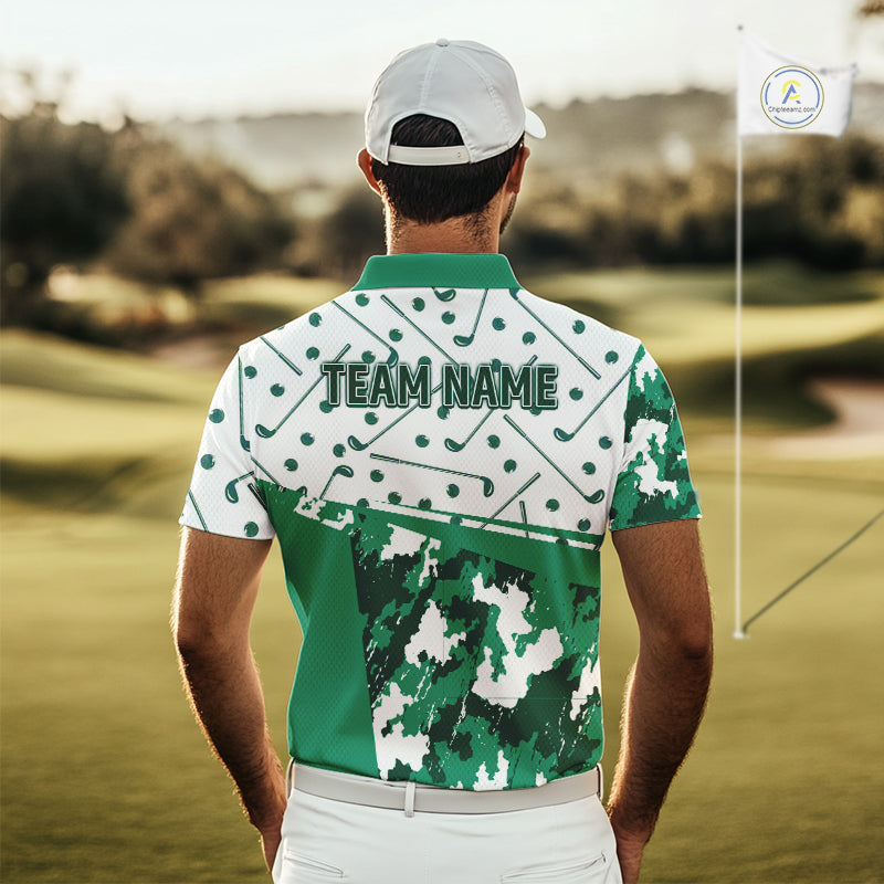 Green Golf Clubs Mens Golf Polo Shirt Custom Name Camo Pattern Golf Shirts Custom Team Golf Top NHN0017