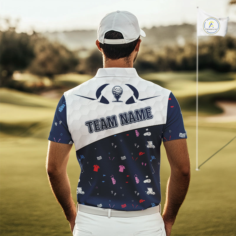 Mens Golf Polo Shirt Custom Name Funny Blue White Golf Ball Pattern Men Golf Wear Top For Team NHN0025