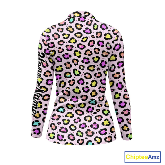 Womens Long Sleeve Golf Polo Shirt Custom Colorful Neon Rainbow Leopard Team Golf Shirt For Golf Lover NHN0154