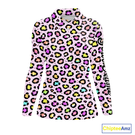 Womens Long Sleeve Golf Polo Shirt Custom Colorful Neon Rainbow Leopard Team Golf Shirt For Golf Lover NHN0154