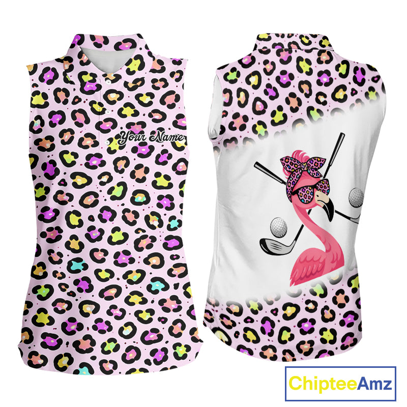 Funny Flamingo Womens Sleeveless Golf Polo Shirt Custom Colorful Neon Rainbow Leopard Team Golf Polo NHN0155
