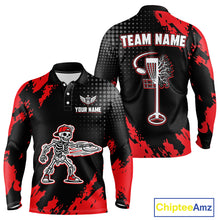 Load image into Gallery viewer, Skull Long Sleeve Disc Golf Polo Shirt Custom Black And Red Disc Golf Basket Personalized Golf Shirts NHN0049