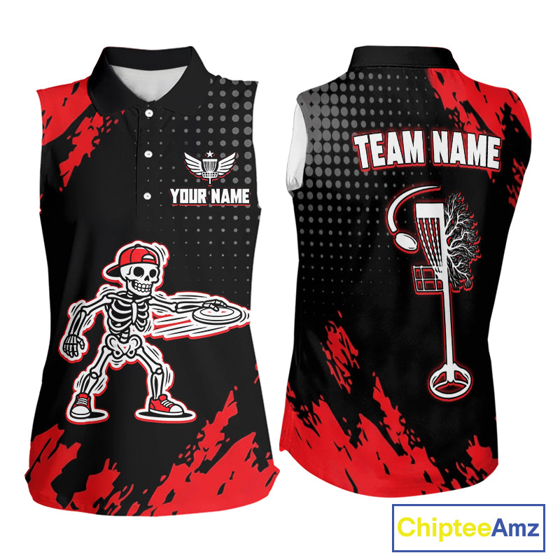 Skull Womens Sleeveless Disc Golf Polo Shirt Custom Name Black And Red Disc Golf Basket Golf Shirts NHN0049