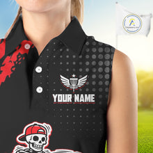 Load image into Gallery viewer, Skull Womens Sleeveless Disc Golf Polo Shirt Custom Name Black And Red Disc Golf Basket Golf Shirts NHN0049