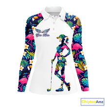 Load image into Gallery viewer, Womens Long Sleeve Golf Polo Shirt Custom Tropical Pattern, Flamingo Golf Shirts For Ladies NHN0099
