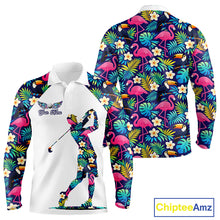 Load image into Gallery viewer, Long Sleeve Golf Polo Shirt Custom Toucan Tropical Floral Pattern, Flamingo Golf Shirts For Men NHN0099