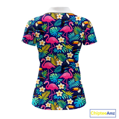 Womens Golf Polo Shirt Custom Toucan Tropical Pattern, Flamingo Golf Shirts For Ladies NHN0099