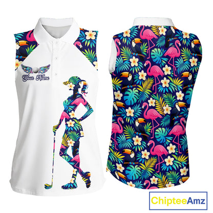 Funny Womens Sleeveless Golf Polo Shirt Custom Tropical Pattern, Flamingo Golf Shirts For Ladies NHN0099