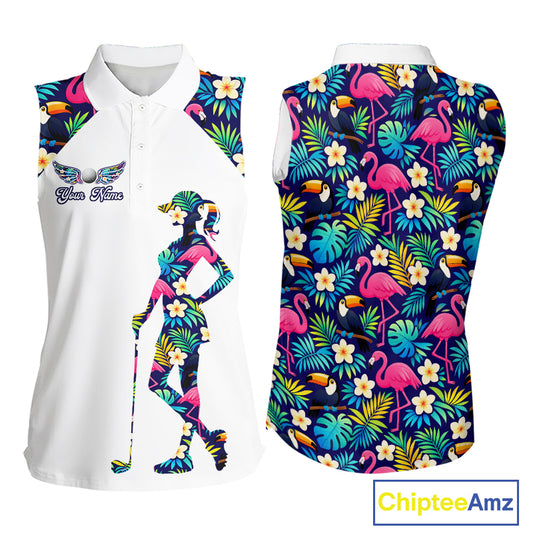 Funny Womens Sleeveless Golf Polo Shirt Custom Tropical Pattern, Flamingo Golf Shirts For Ladies NHN0099