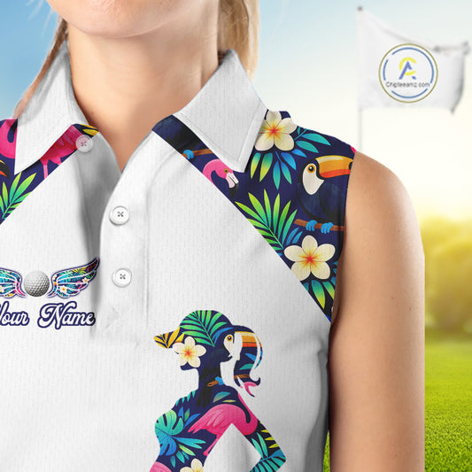 Funny Womens Sleeveless Golf Polo Shirt Custom Tropical Pattern, Flamingo Golf Shirts For Ladies NHN0099