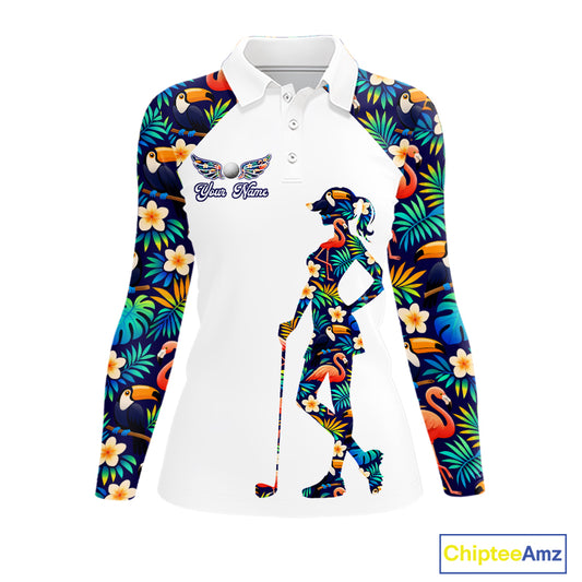 Funny Womens Long Sleeve Golf Polo Shirt Custom Toucan Tropical Pattern, Flamingo Golf ShirtsNHN0099
