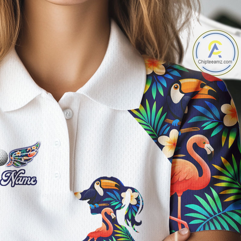 Funny Womens Golf Polo Shirt Custom Toucan Tropical Pattern, Flamingo Golf Shirts For LadiesNHN0099